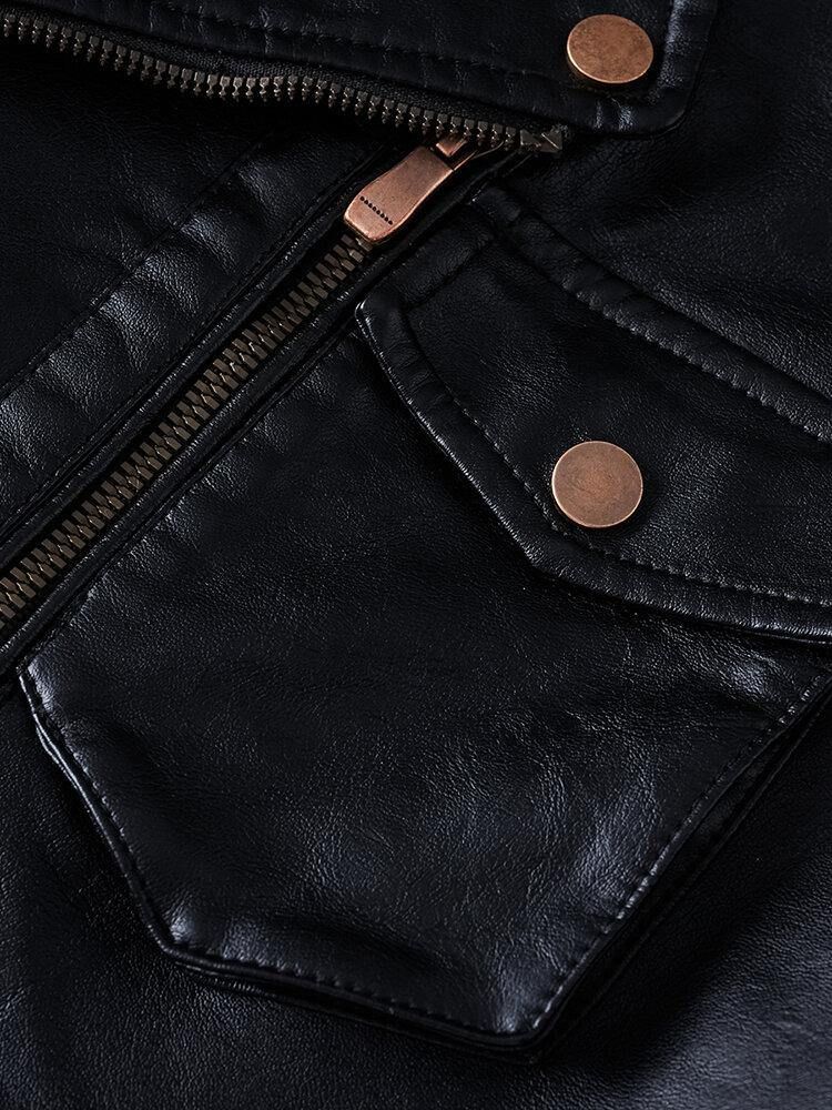 Män Pocket Lapel Zip-Up Sashes Pu-Läderjackor