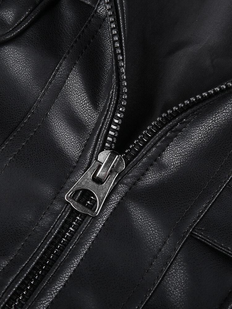 Pocket Zip-Up Pu-Läder Svart Långärmad Motorcykeljacka För Män