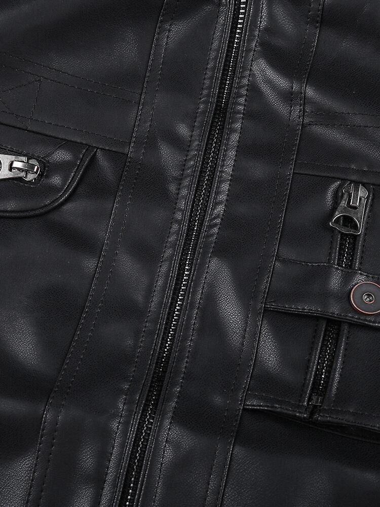 Pocket Zip-Up Pu-Läder Svart Långärmad Motorcykeljacka För Män