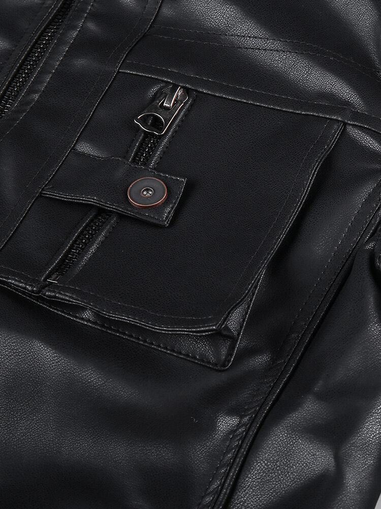 Pocket Zip-Up Pu-Läder Svart Långärmad Motorcykeljacka För Män