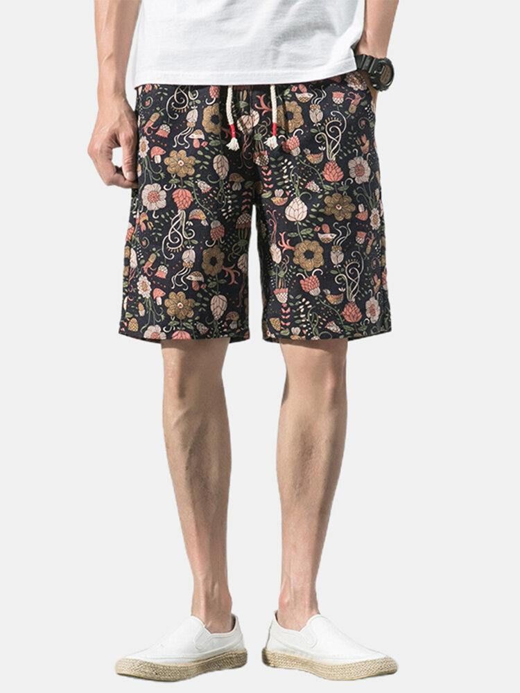 Bomull Mäns Blommönster Pocket Dragsko Casual Shorts