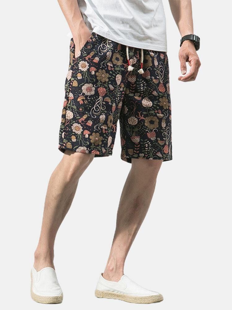 Bomull Mäns Blommönster Pocket Dragsko Casual Shorts