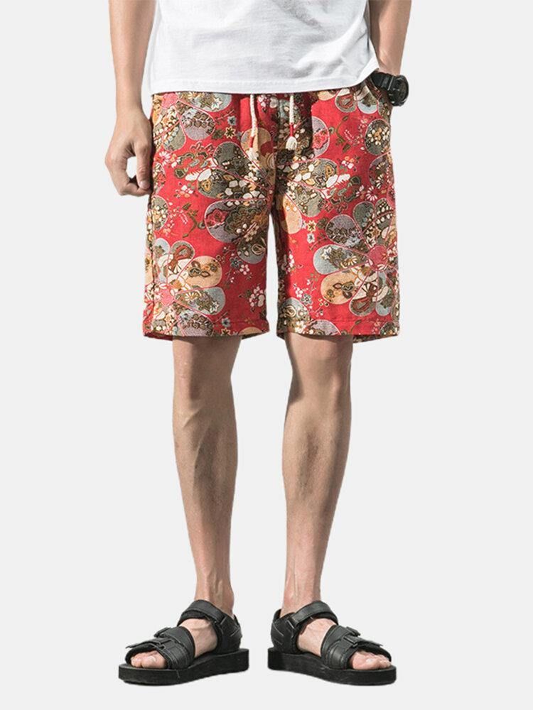 Bomull Mäns Blommönster Pocket Dragsko Casual Shorts