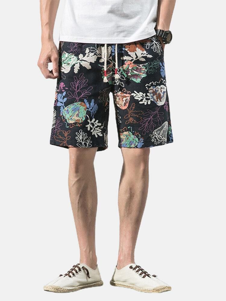 Bomull Mäns Blommönster Pocket Dragsko Casual Shorts