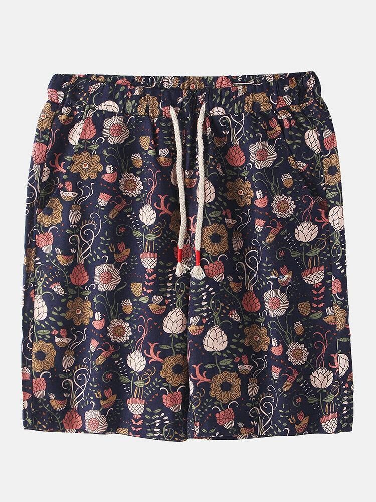 Bomull Mäns Blommönster Pocket Dragsko Casual Shorts