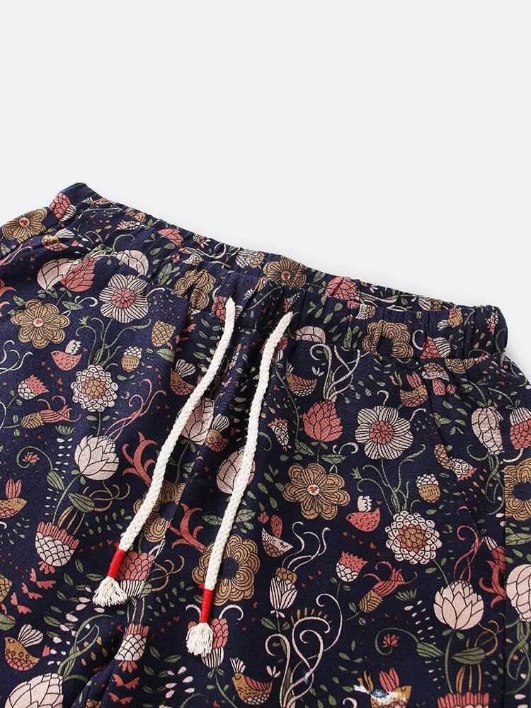 Bomull Mäns Blommönster Pocket Dragsko Casual Shorts