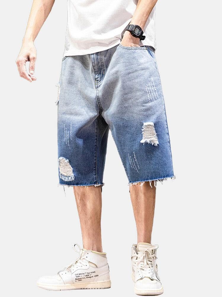 Denim Gradientfickor För Män Lösa Bekväma Casual Shorts