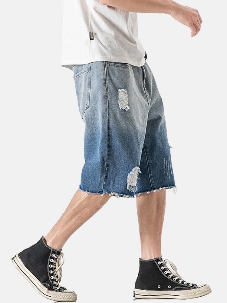 Denim Gradientfickor För Män Lösa Bekväma Casual Shorts