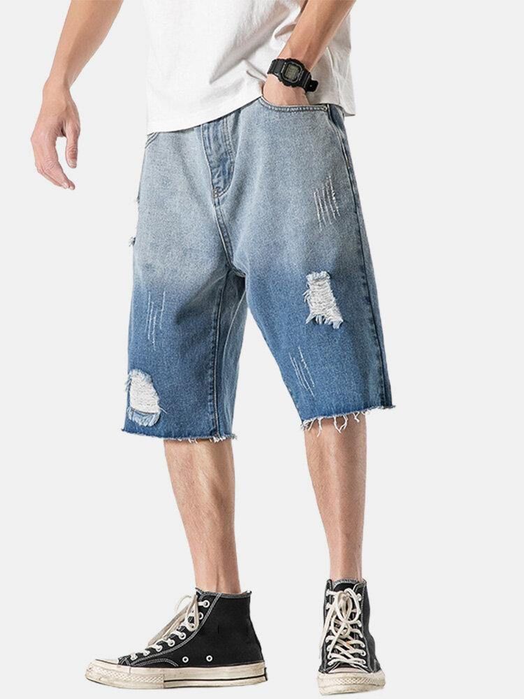 Denim Gradientfickor För Män Lösa Bekväma Casual Shorts