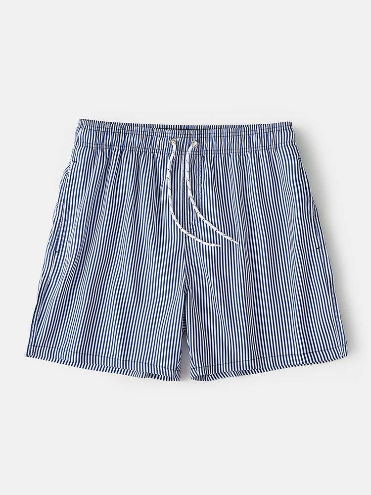 Lättviktsblårandiga För Män Snabbtorkande Strandmeshlinje Casual Shorts Med Dragsko