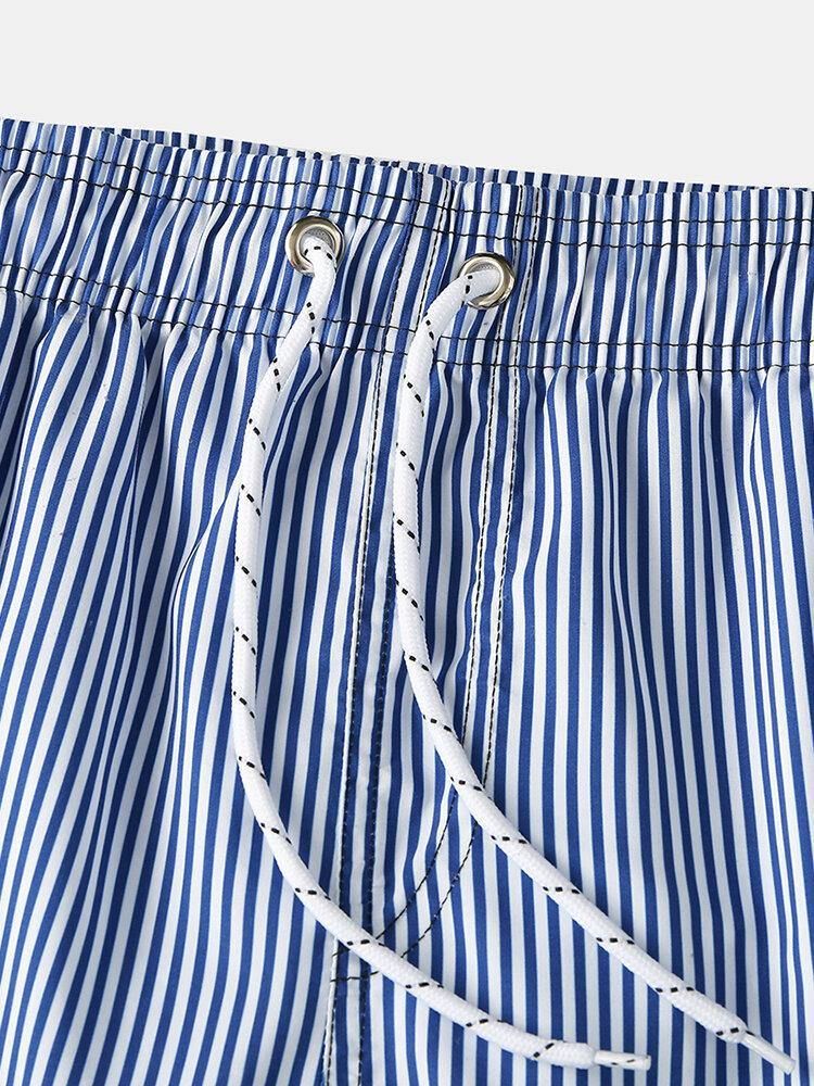 Lättviktsblårandiga För Män Snabbtorkande Strandmeshlinje Casual Shorts Med Dragsko