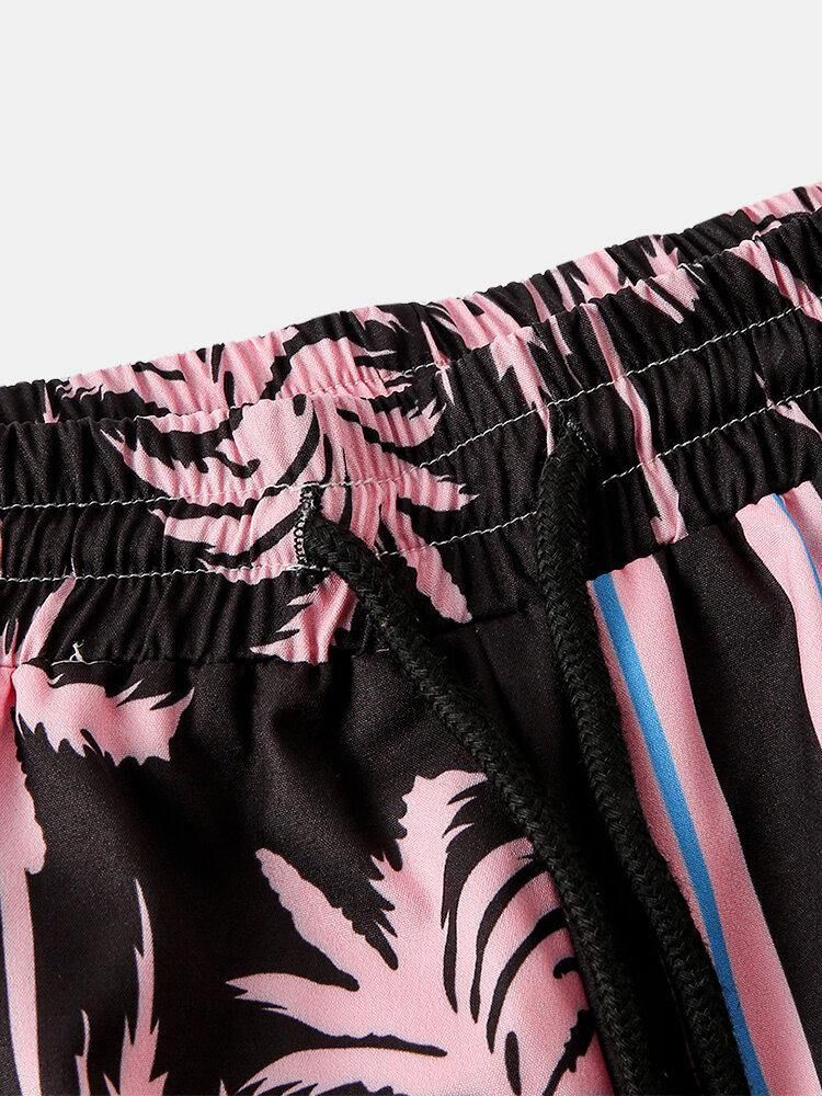 Män Coconut Tree Färgglada Stripe Blandade Print Casual Shorts