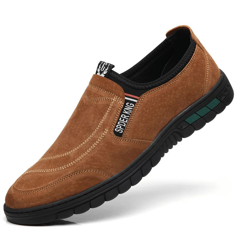 Män Comfy Pigskin Lädersömmar Halkfri Rund Tå Lazy Slip-On Loafers Skor