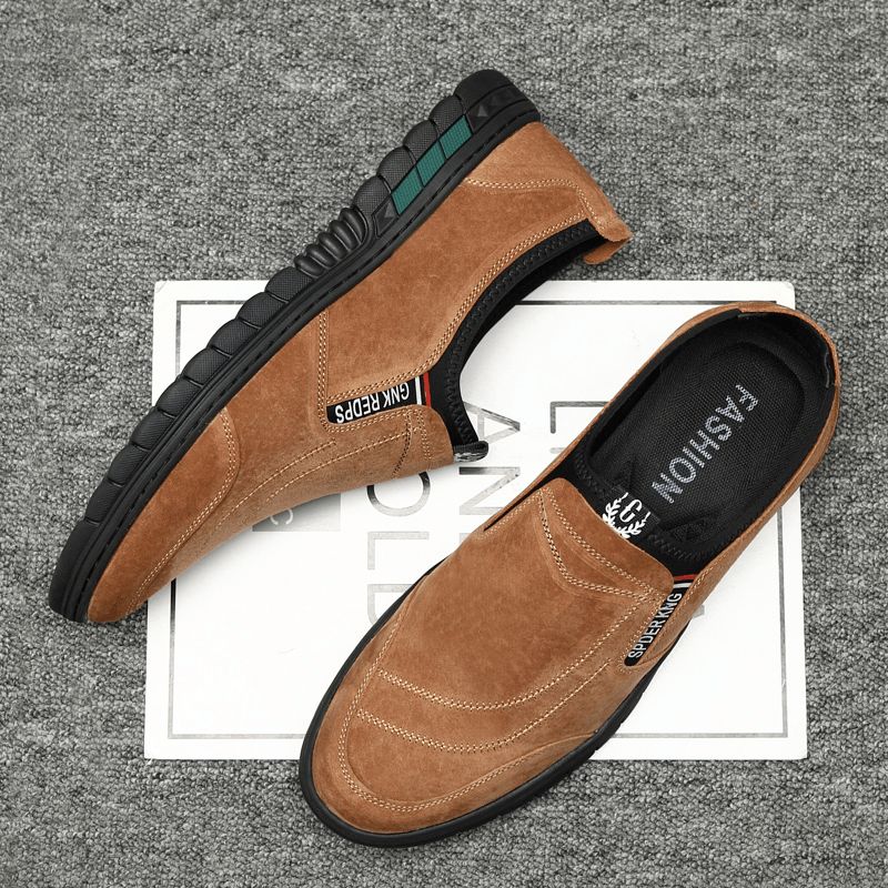 Män Comfy Pigskin Lädersömmar Halkfri Rund Tå Lazy Slip-On Loafers Skor