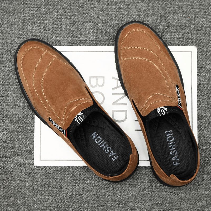 Män Comfy Pigskin Lädersömmar Halkfri Rund Tå Lazy Slip-On Loafers Skor