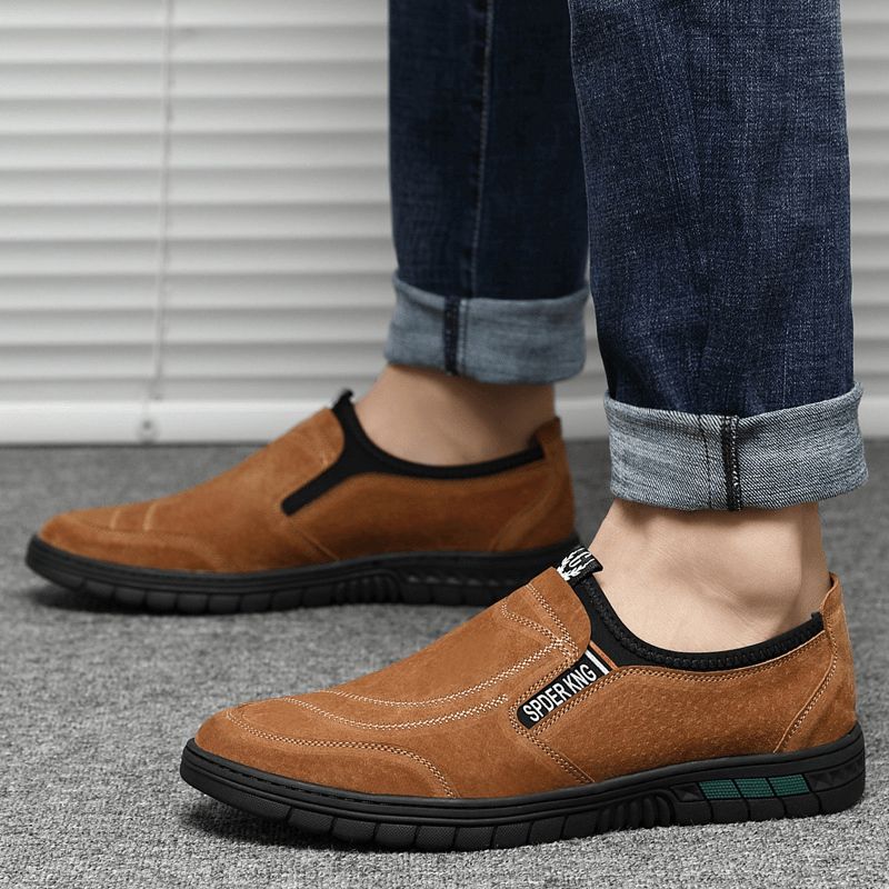 Män Comfy Pigskin Lädersömmar Halkfri Rund Tå Lazy Slip-On Loafers Skor