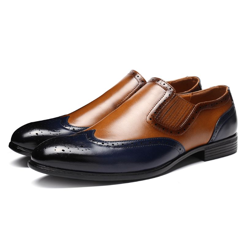 Menico Herr Brogue Carved Color Spicing Slip På Business Oxfords