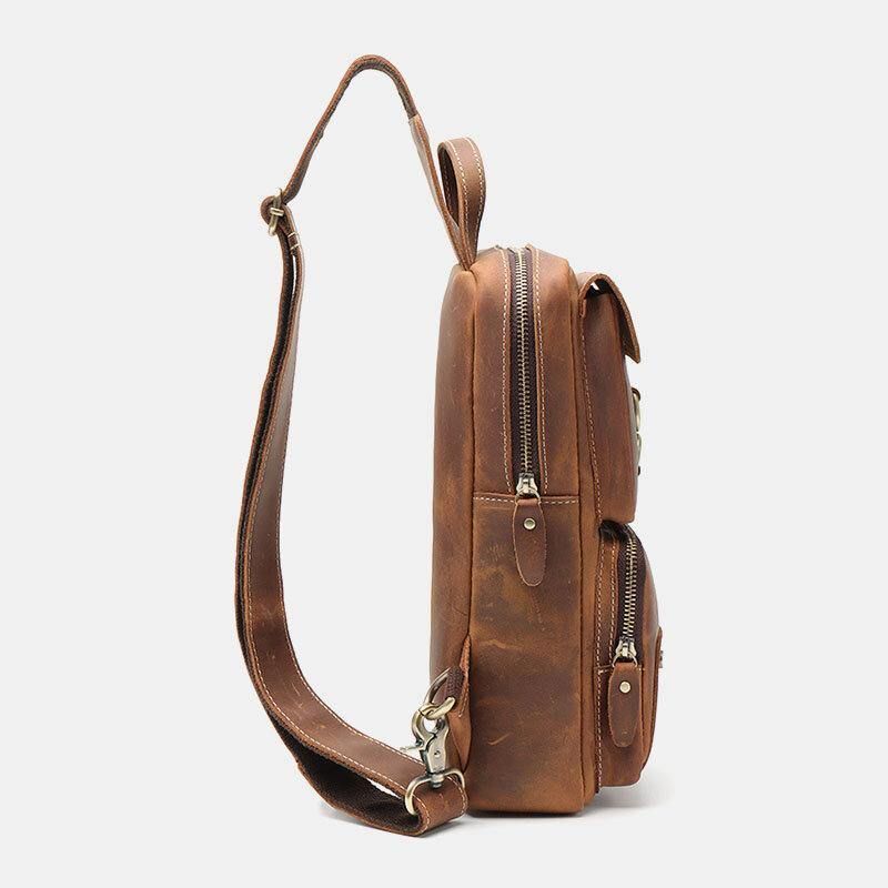 Män Äkta Läder Kohud Retro Mode Chest Bag Crossbody Bag Sling Bag