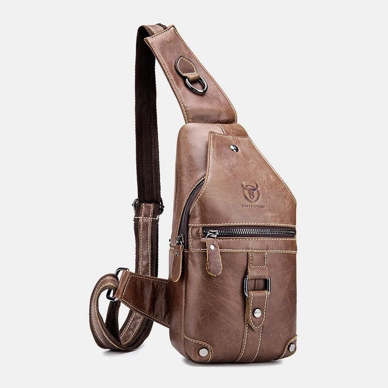 Män Äkta Läder Multi-Pocket Anti-Stöld Slitbeständig Vintage Casual Crossbody Bag Bröstväska