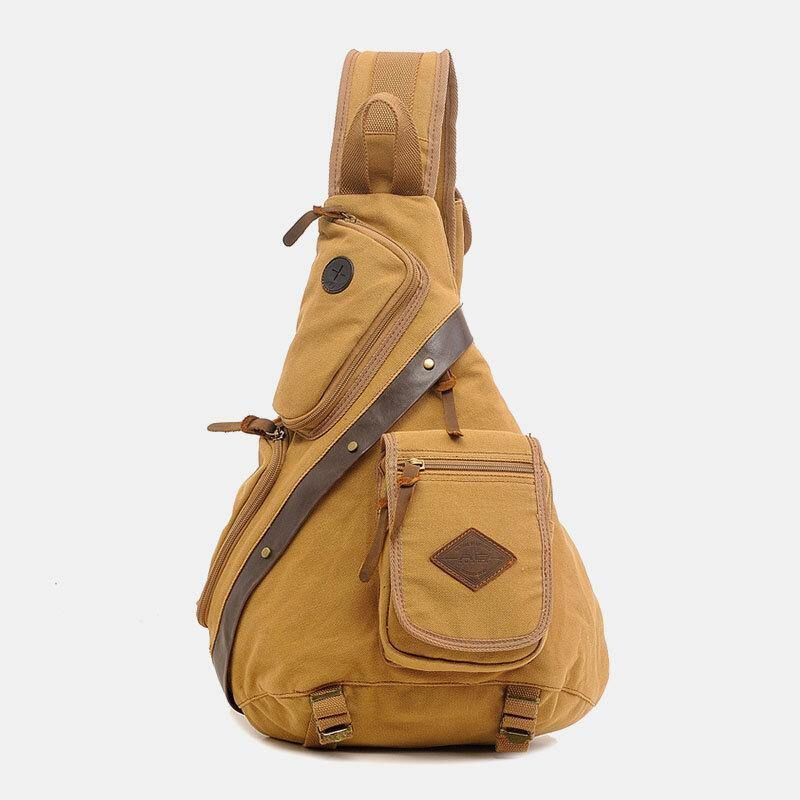 Män Äkta Läder Och Canvas Resor Utomhus Bärväska Multi-Pocket Crossbody Väska Bröstväska