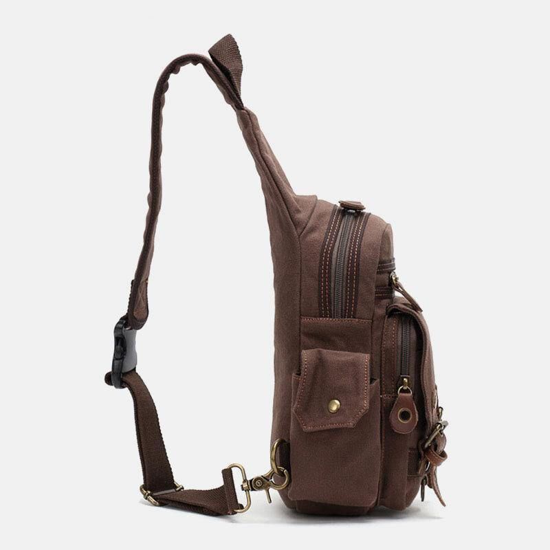 Män Äkta Läder Och Canvas Resor Utomhus Bärväska Personlig Crossbody Väska Bröstväska