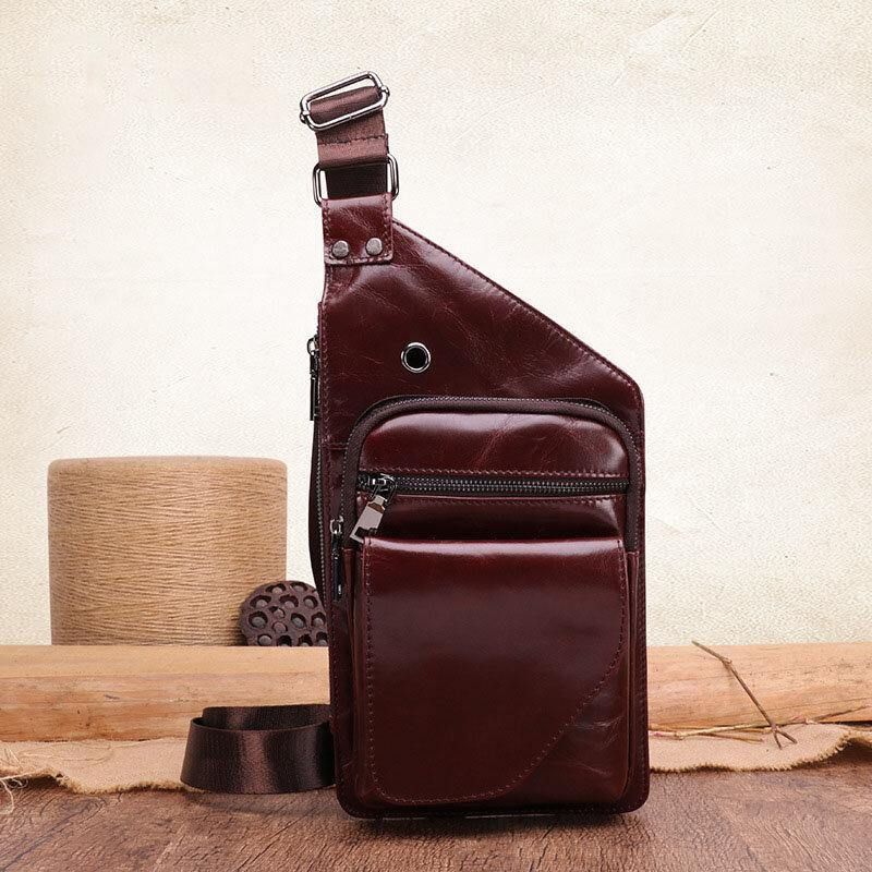 Män Äkta Läder Retro Business Läder Bröstväska Crossbody-Väska Med Hörlurshål