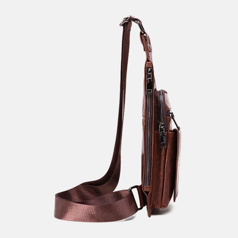 Män Äkta Läder Retro Business Läder Bröstväska Crossbody-Väska Med Hörlurshål