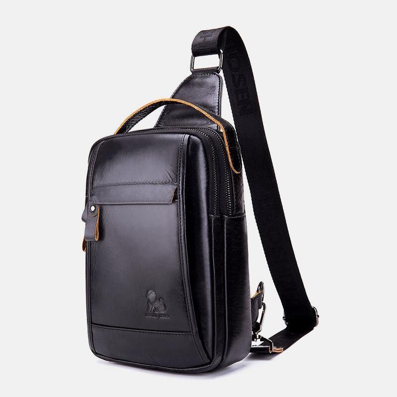 Män Äkta Läder Retro Business Casual Enfärgad Axelväska I Läder Crossbody-Väska Bröstväska