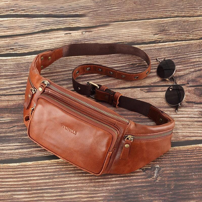 Män Äkta Läder Retro Sport Outdoor Multi-Carry Bröstväska Sling Bag Crossbody Bag Midjeväska