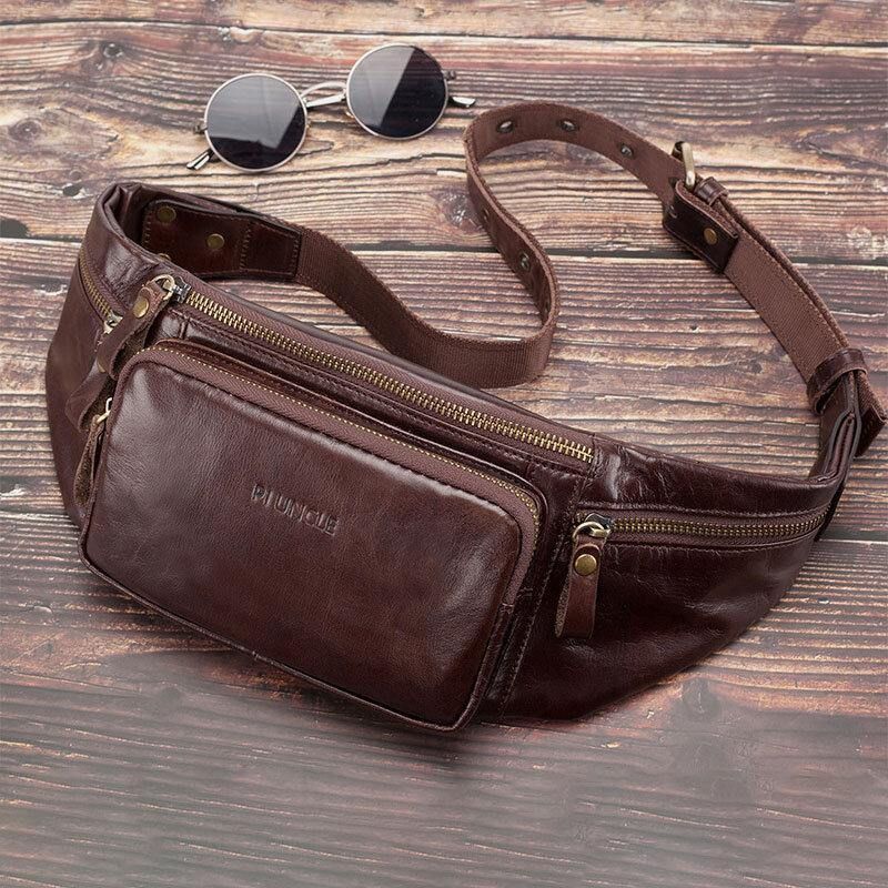 Män Äkta Läder Retro Sport Outdoor Multi-Carry Bröstväska Sling Bag Crossbody Bag Midjeväska