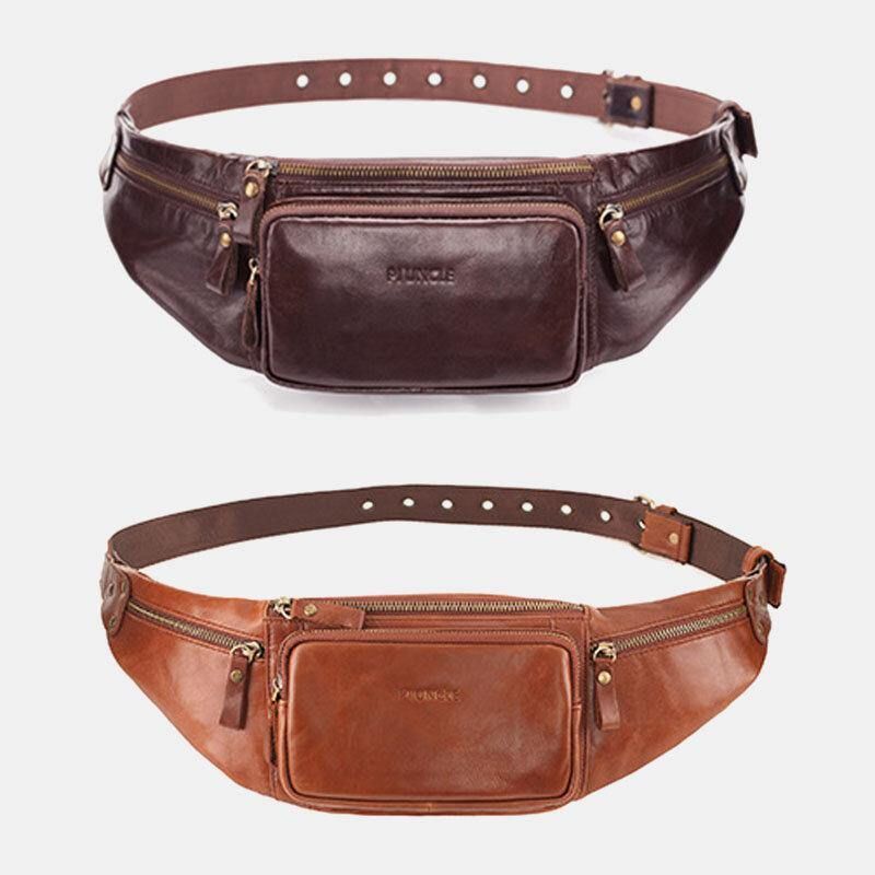 Män Äkta Läder Retro Sport Outdoor Multi-Carry Bröstväska Sling Bag Crossbody Bag Midjeväska