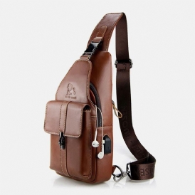 Män Äkta Läder Usb-Laddning Retro Casual Kohud Bröstväska Sling Bag Crossbody-Väska