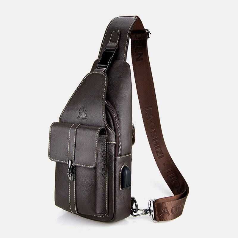 Män Äkta Läder Usb-Laddning Retro Casual Kohud Bröstväska Sling Bag Crossbody-Väska