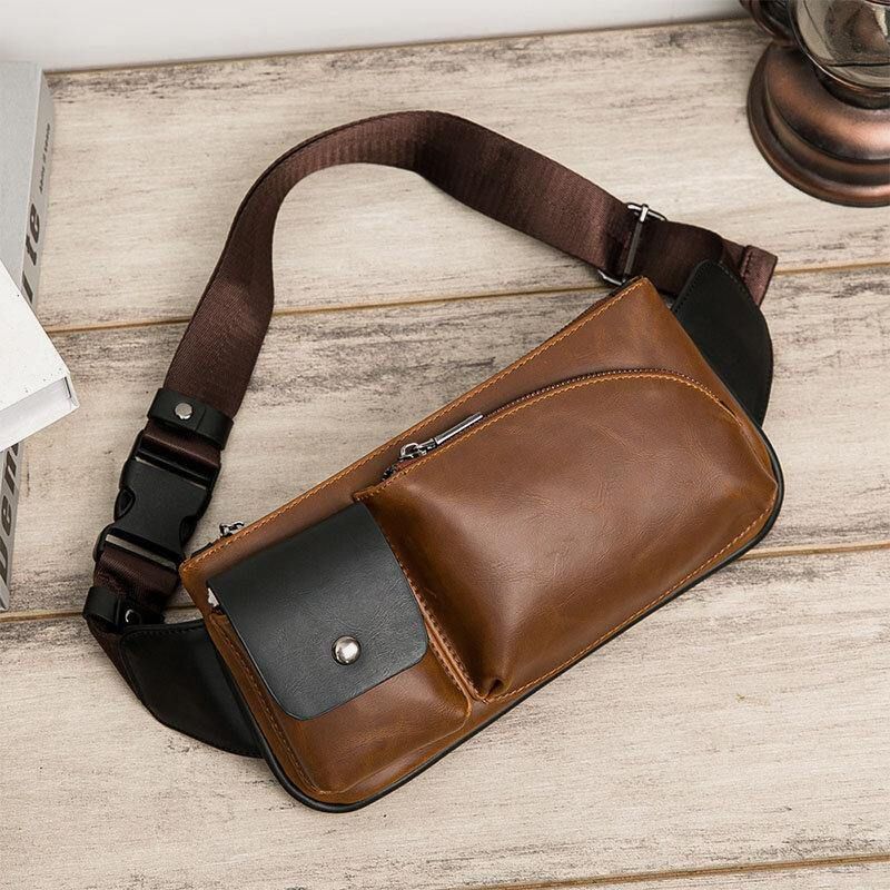 Män Faux Leather Retro Business Casual Multi-Carry Midjeväska Bröstväska Sling Bag