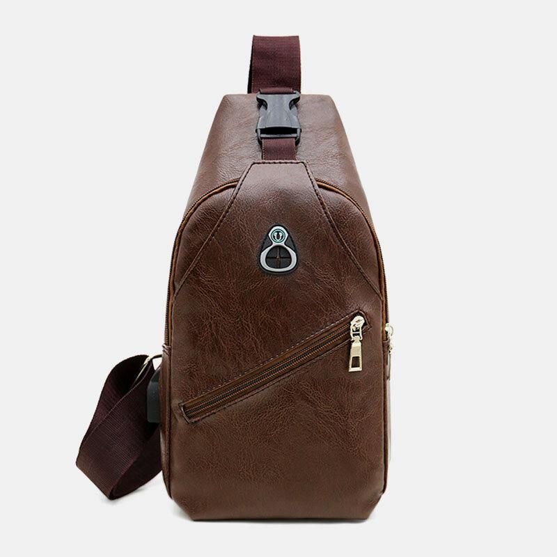 Män Konstläder Usb-Laddningshörlurar Resor Retro Business Chest Bag Crossbody Bag