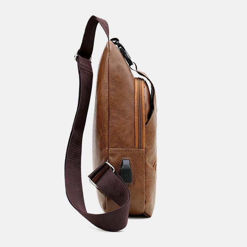 Män Konstläder Usb-Laddningshörlurar Resor Retro Business Chest Bag Crossbody Bag