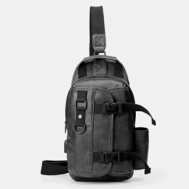 Män Pu Läder Stor Kapacitet Multifunktionsheadset Hål Usb Laddning Short Trip Sling Bags Crossbody Bag Bröstväska