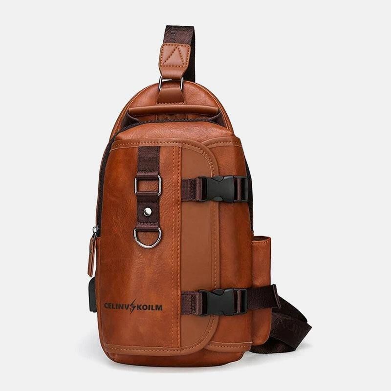 Män Pu Läder Stor Kapacitet Multifunktionsheadset Hål Usb Laddning Short Trip Sling Bags Crossbody Bag Bröstväska