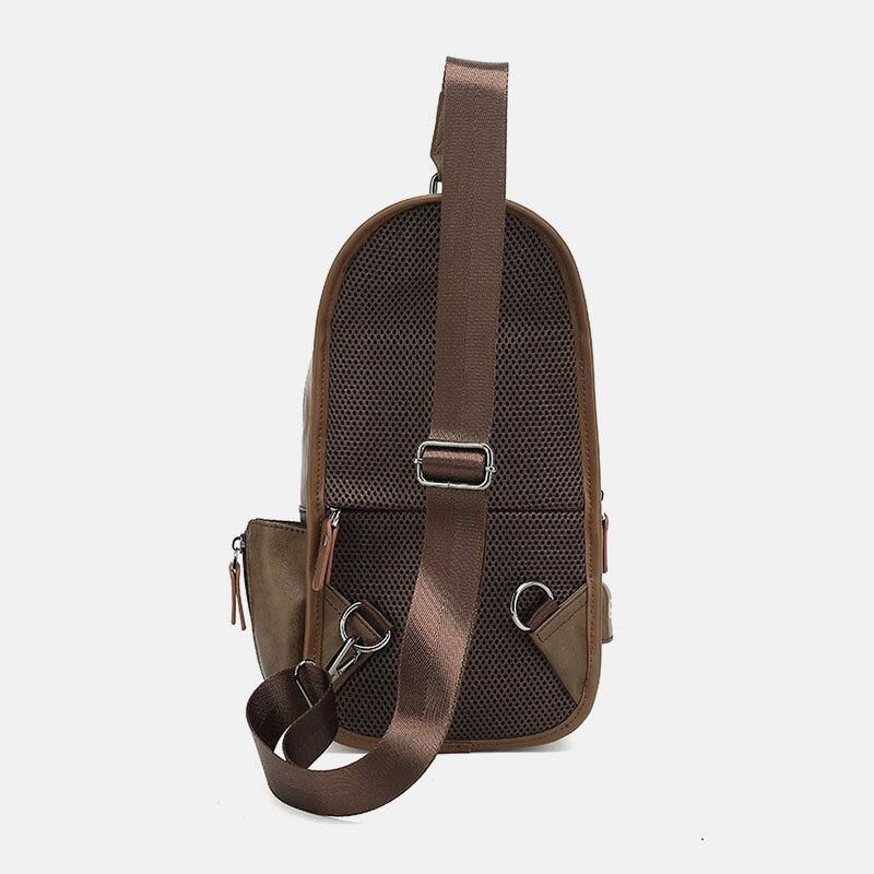 Män Pu-Läder Vintage Multifunktionshörlurshål Usb-Laddning Crossbody-Väska Chest Bag Sling Bag