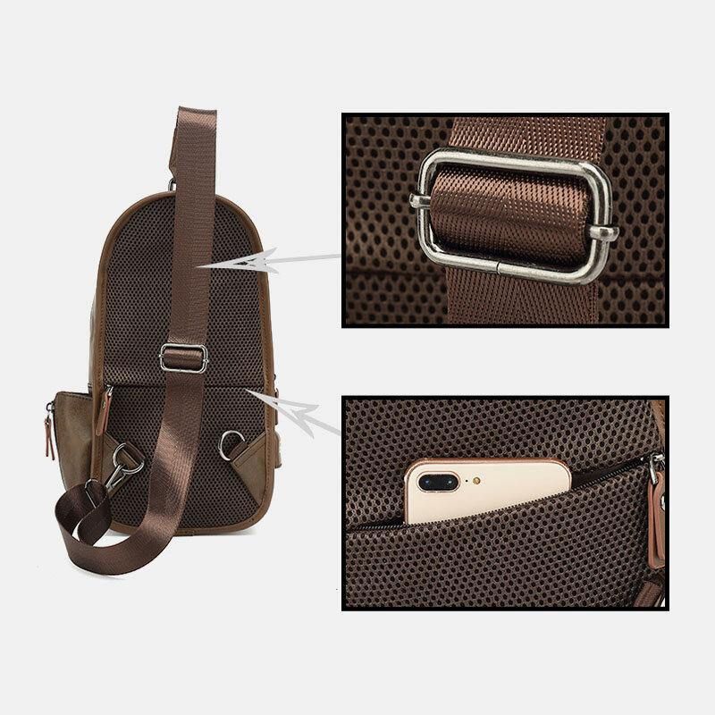 Män Pu-Läder Vintage Multifunktionshörlurshål Usb-Laddning Crossbody-Väska Chest Bag Sling Bag