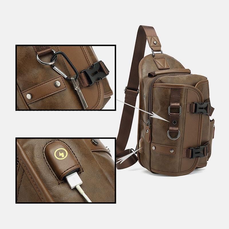 Män Pu-Läder Vintage Multifunktionshörlurshål Usb-Laddning Crossbody-Väska Chest Bag Sling Bag