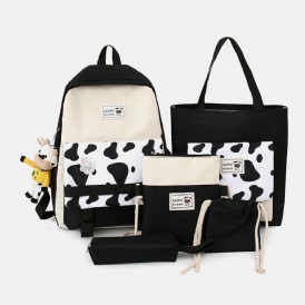 5 St Canvas Preppy Cow Pattern Multifunktionskombinationsväska Ryggsäck Tote Crossbody-Väska Clutchplånbok