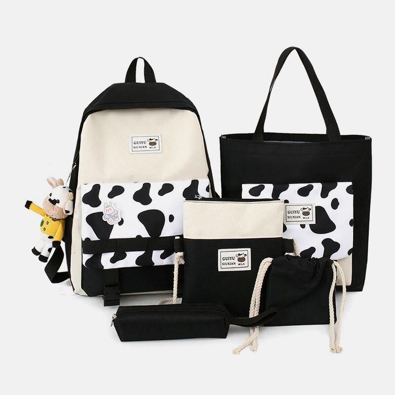 5 St Canvas Preppy Cow Pattern Multifunktionskombinationsväska Ryggsäck Tote Crossbody-Väska Clutchplånbok