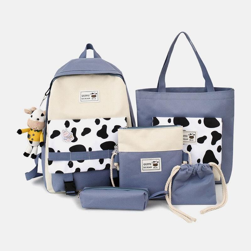 5 St Canvas Preppy Cow Pattern Multifunktionskombinationsväska Ryggsäck Tote Crossbody-Väska Clutchplånbok