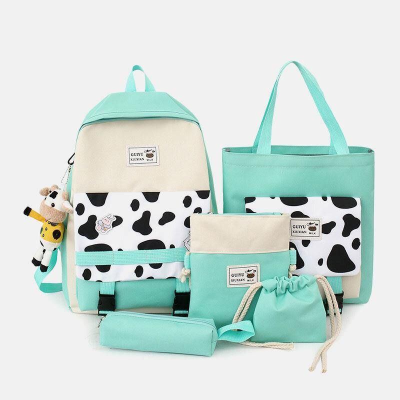 5 St Canvas Preppy Cow Pattern Multifunktionskombinationsväska Ryggsäck Tote Crossbody-Väska Clutchplånbok