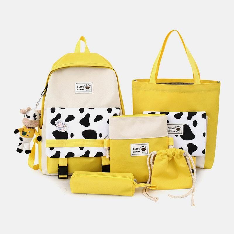 5 St Canvas Preppy Cow Pattern Multifunktionskombinationsväska Ryggsäck Tote Crossbody-Väska Clutchplånbok