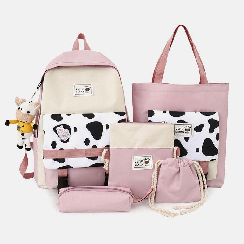 5 St Canvas Preppy Cow Pattern Multifunktionskombinationsväska Ryggsäck Tote Crossbody-Väska Clutchplånbok