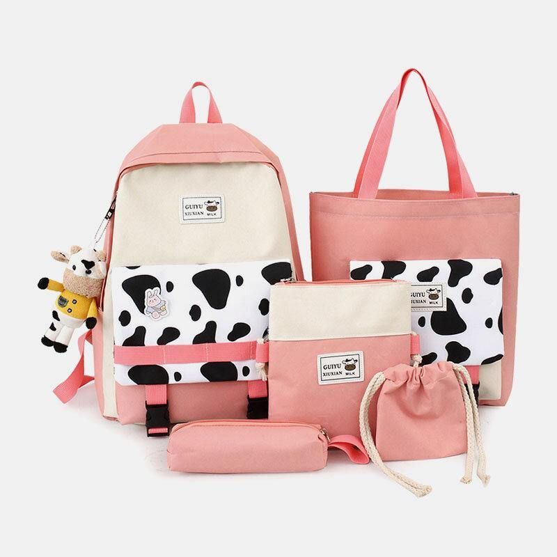 5 St Canvas Preppy Cow Pattern Multifunktionskombinationsväska Ryggsäck Tote Crossbody-Väska Clutchplånbok