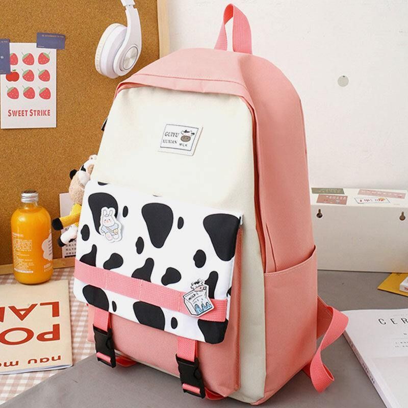 5 St Canvas Preppy Cow Pattern Multifunktionskombinationsväska Ryggsäck Tote Crossbody-Väska Clutchplånbok