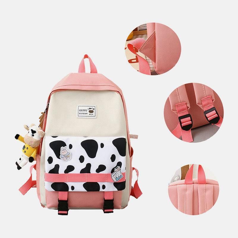 5 St Canvas Preppy Cow Pattern Multifunktionskombinationsväska Ryggsäck Tote Crossbody-Väska Clutchplånbok